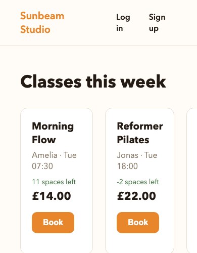 A booking app on a phone, with one class running off the side of the screen.